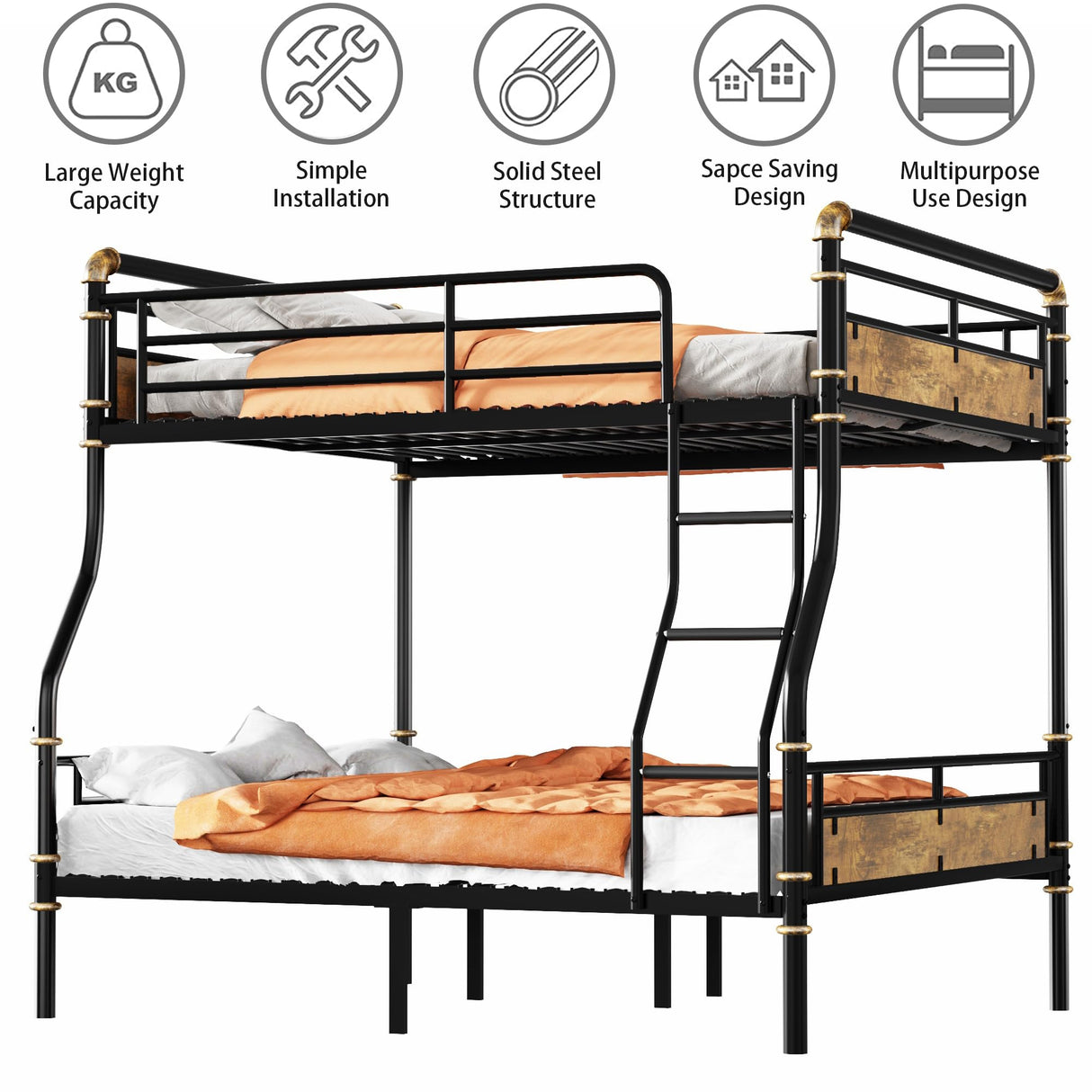 Full XL over Queen Industrial Bunk Beds for Teens or Adults , Heavy-Duty 2 IN 1 Metal Convertible Bunk Bed with Ladder and Slats Support ,15.9" High Guard Rail,Space-Saving ,Noise Reduced,Black MoproBeti