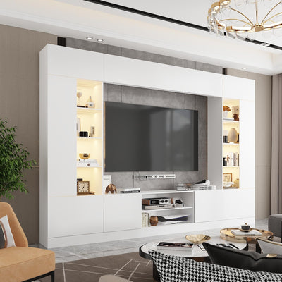 WOODTIME White 114" Large Wall Unit Entertainment Center with Bookshelves, Lights and 18 Shelves, Modern 4-Piece TV Stand Media Console Table with Bridge Cabinet for Living Room & Home Theater