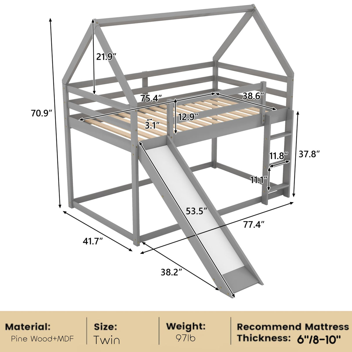 Harper & Bright Designs Twin Bunk Beds for Kids,Wood House Bunk Bed Twin Over Twin,Kids Bunk Bed with Slide and Roof for Girls Boys,Grey Harper & Bright Designs