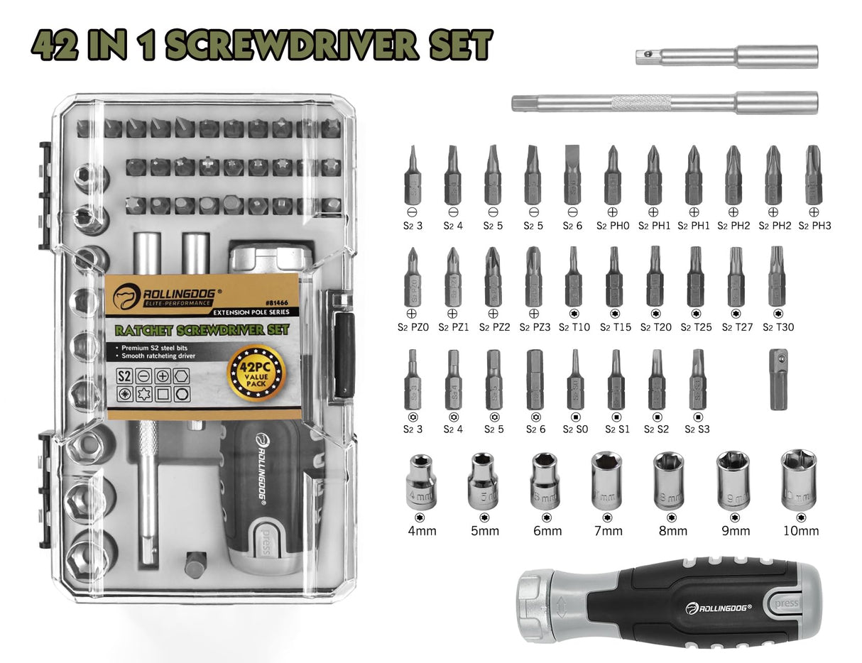 ROLLINGDOG Ratcheting Screwdriver Set - 42Pcs,Non Magnetic,Smooth Ratcheting Action,Ideal for Electronics,Home Maintenance,Office,Bike.Durable Versatile Tool Kit ROLLINGDOG