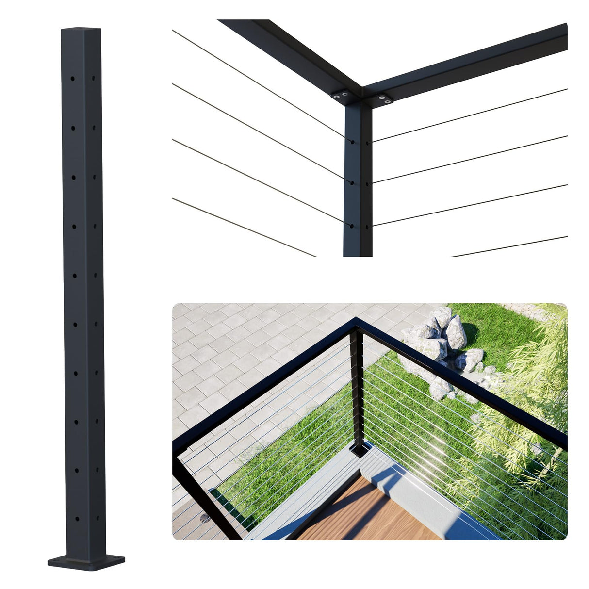 Dawn Railing Heavy-Duty Cable Railing Post, 36”x2”x2” High Strength Steel Square Corner Post with Level Drilled Holes, Weldless Black Powder-Coated Finish, for Wood/Concrete Deck Stair, 1 Pack Dawn Railing