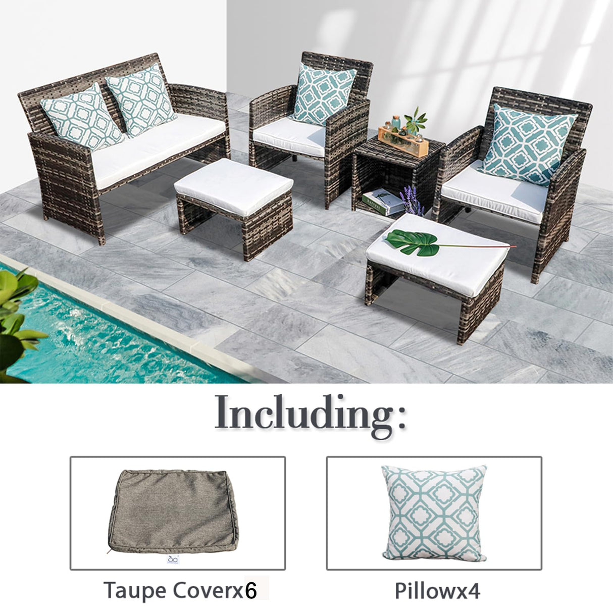 OC Orange-Casual 8 Pieces Patio Furniture Conversation Set, Outdoor Wicker Bistro Set, All Weather Loveseat Chairs with Ottoman & Coffee Table, Grey Rattan with White Cushion (Taupe Cover Included) OC Orange-Casual