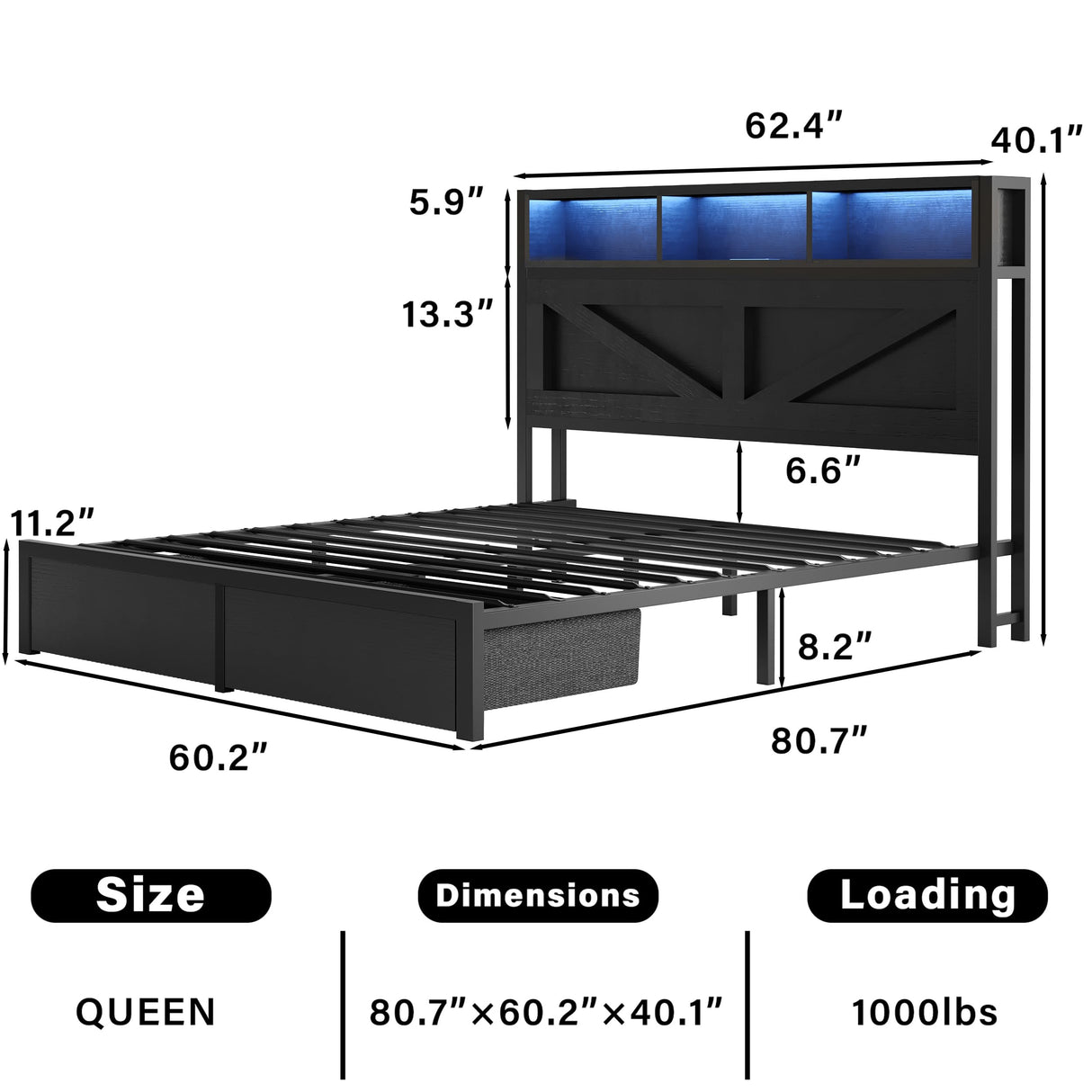 Farmhouse Queen Bed Frame with Bookcase Headboard and Storage Drawers, LED Lights and Charging Station, No Box Spring Needed, Noise Free, Black Fastroby