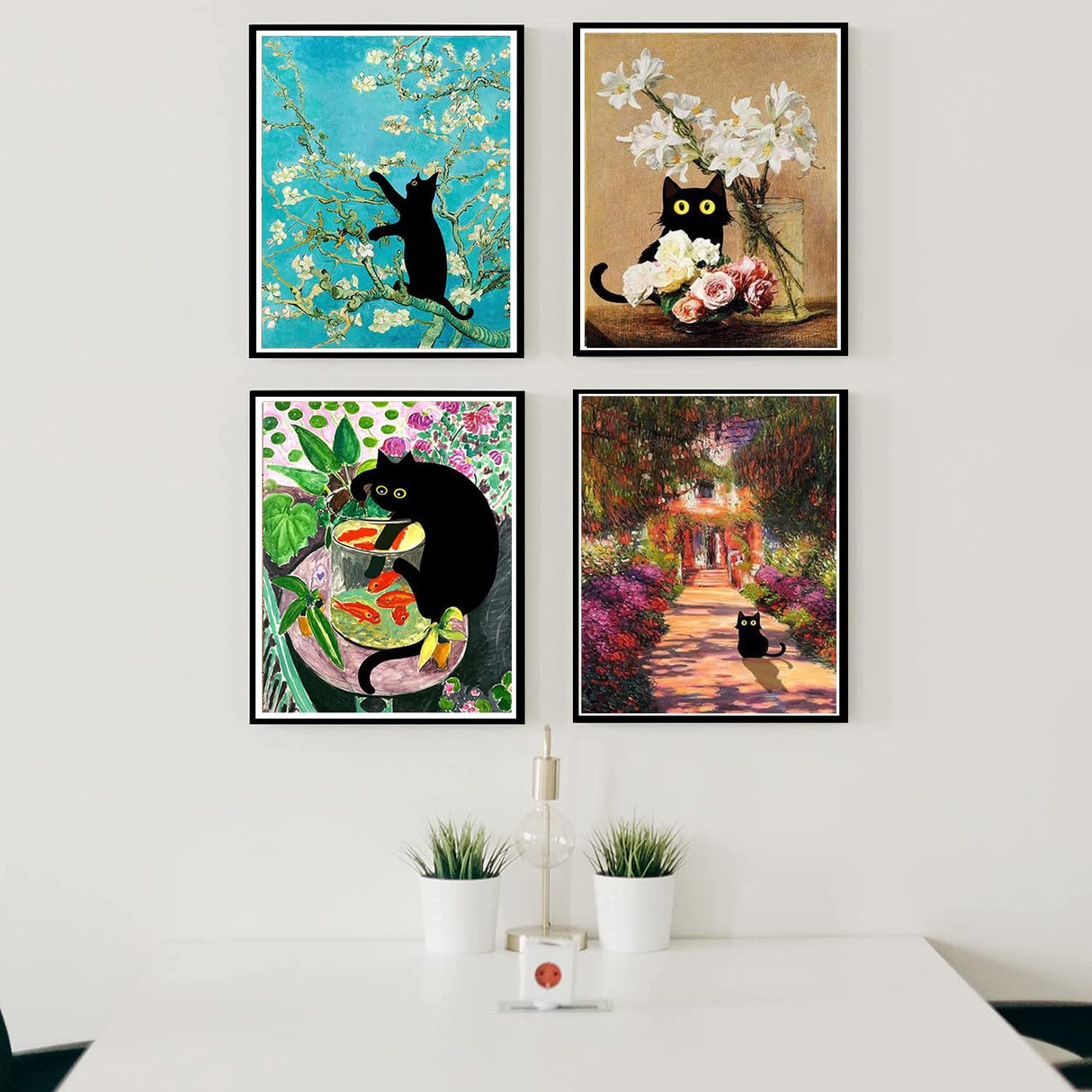 Diamond Painting for Adults and Beginners - 6pcs, 5D Round Diamond Digital Painting Kit, DIY Black Cat Diamond Art Painting, Matisse Van Gogh Living Room Bedroom Decoration (11.8x15.7 inches) GemZono