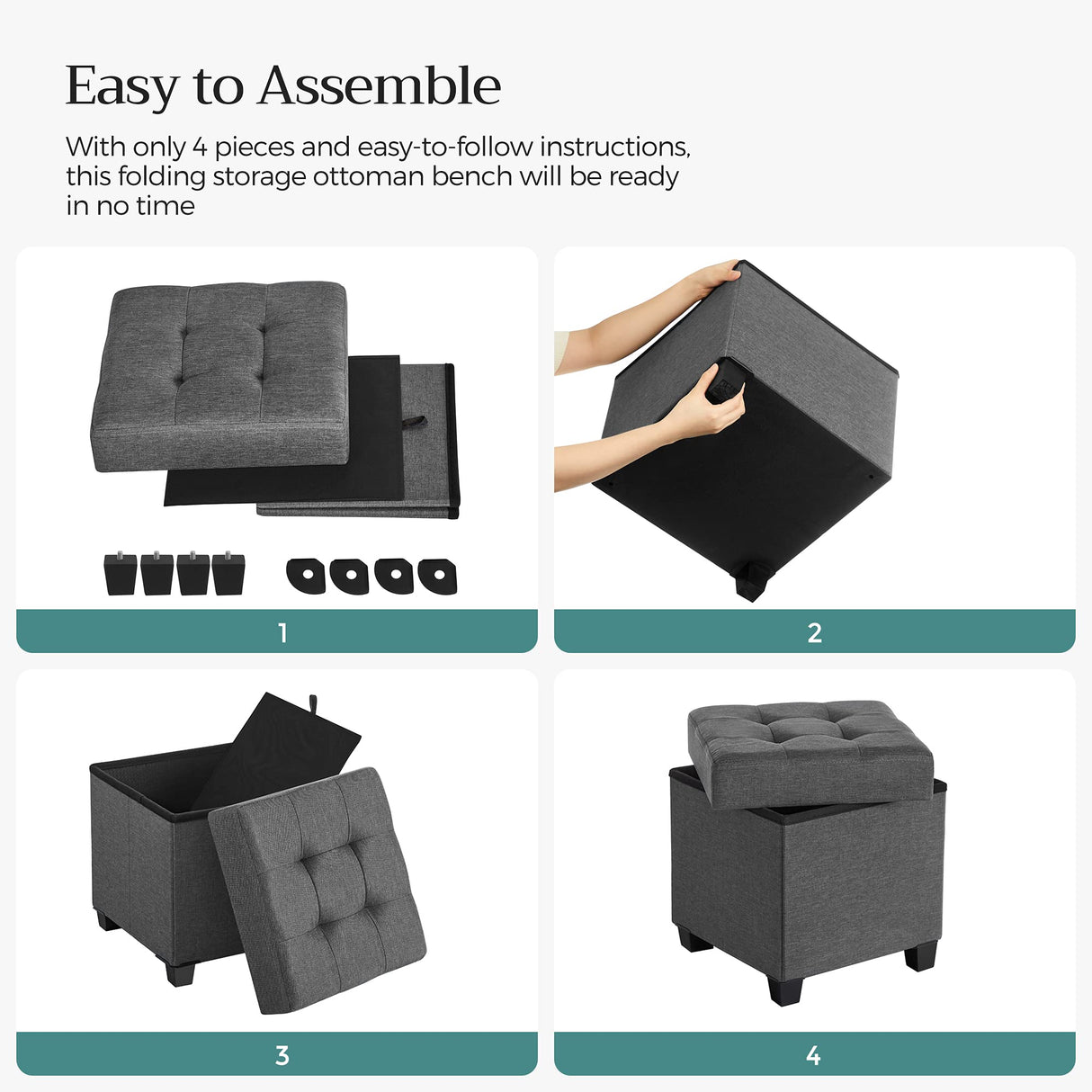 SONGMICS 15 Inches Cube Storage Ottoman, Bedroom Bench with Storage, Foot Stool with Feet, Holds Up to 660 lb, Dark Gray ULSF14GYZ SONGMICS