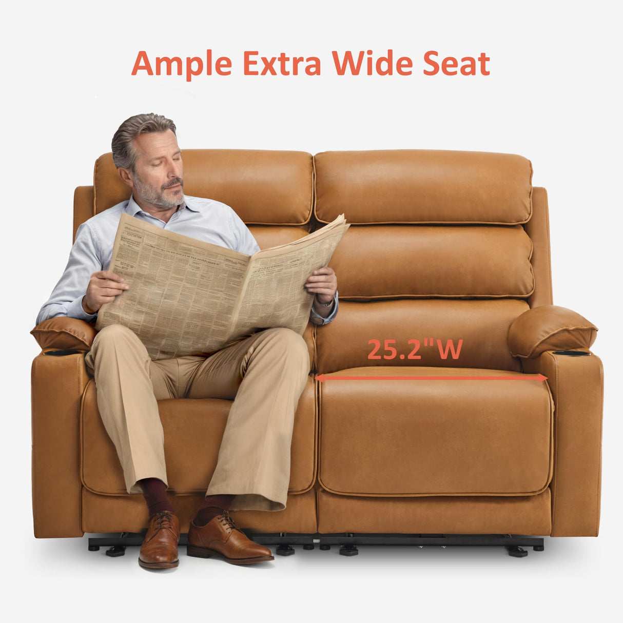 MCombo 63.4" Power Reclining Loveseat Sofa with Adjustable Headrest, Heat and Vibration, USB Type C Charge Ports Faux Leather for Living Room 6711 (Cognac Brown) MCombo