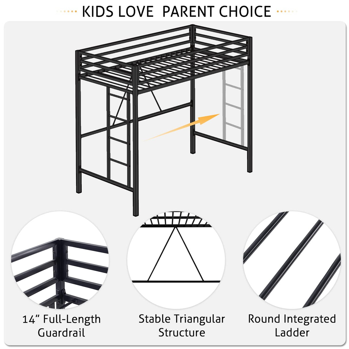 Heavy Duty SHA CERLIN Junior Loft Bed Twin Size with Full-Length Guardrail & Removable Stairs, Space-Saving Design, Noise-Free, Black SHA CERLIN