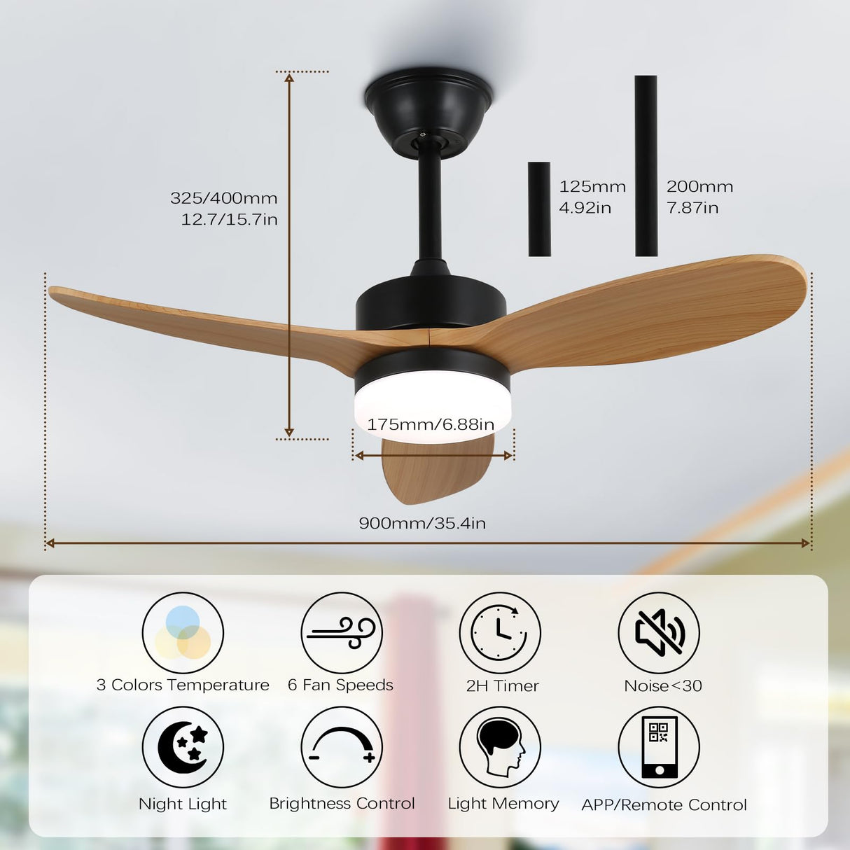 Finktonglan 36" Ceiling Fans with Lights and Remote Control, Black Farmhouse Ceiling Fan for Indoor and Outdoor, DC Motor Ceiling Fans with Two Rods for Patio, Living Room, Dining Room Finktonglan
