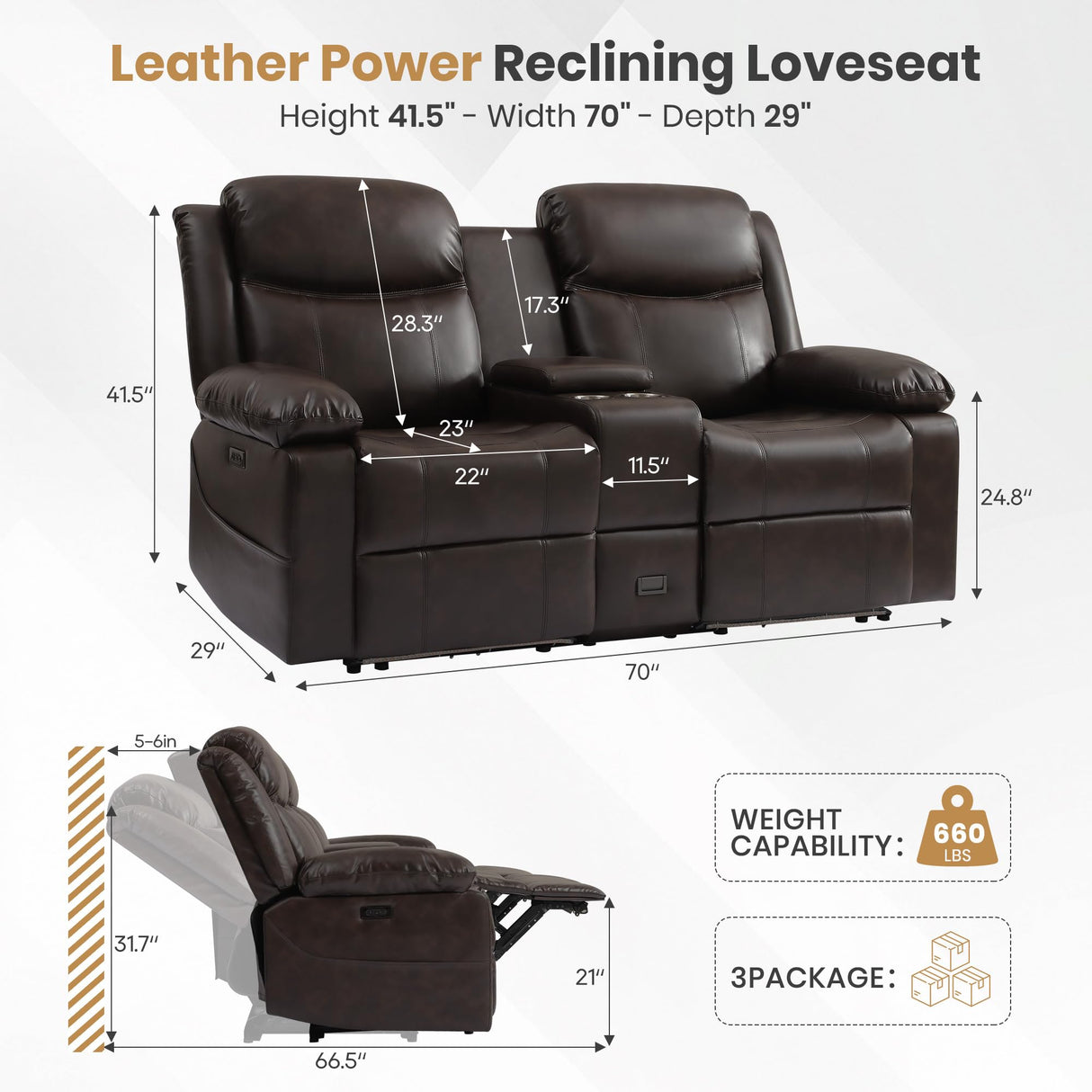 LURVIA 70" Power Recliner Loveseat for RV, Living Room Home Theater,Built-in LED Lighting with Multiple Modes,Wall Hugger, Oversized Leather Loveseat Couch for Camper, Trailer, Apartment,150° Recline LURVIA