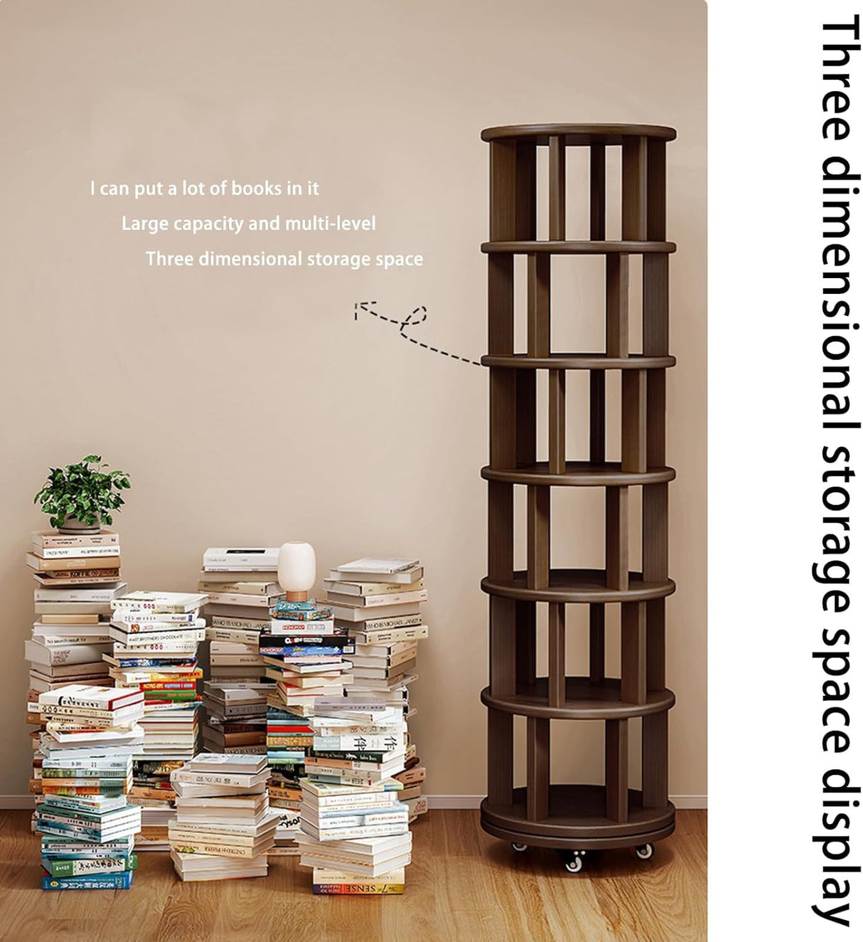 MKSDJIW 6 Tier Rotating Bookshelf, Solid Wood Spinning Bookcase Tower, 360° Spinning Book Shelf Tower for Kids, Narrow Rolling Bookshelves for Small Space, Bedroom, Office MKSDJIW