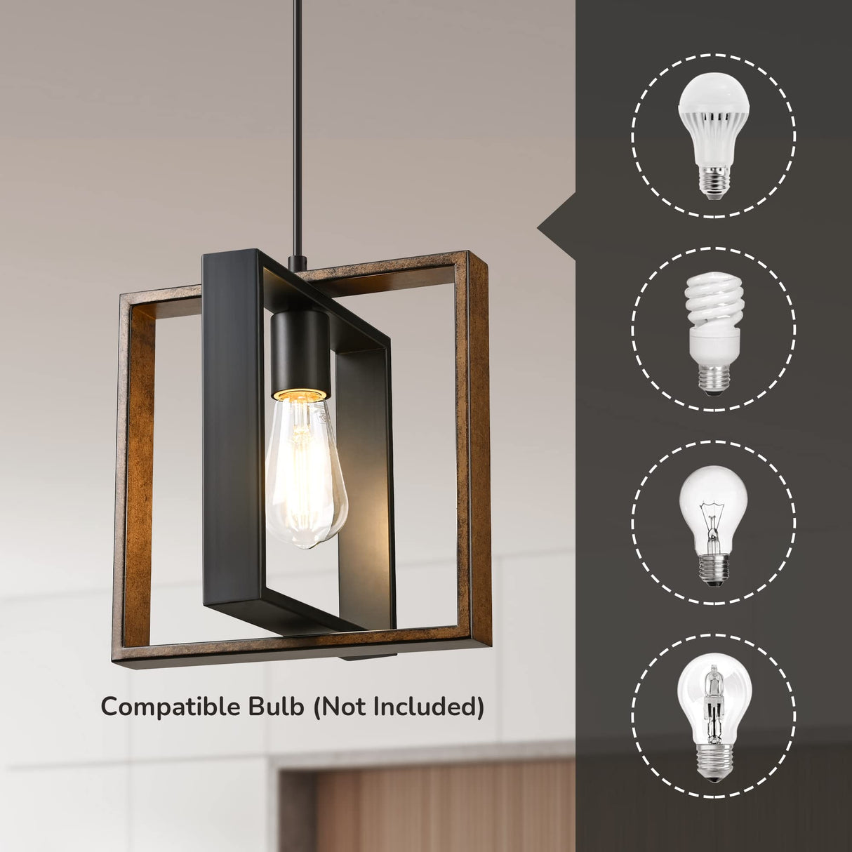 EDISHINE Farmhouse Pendant Light Fixture, Rustic Hanging Light Fixture with Wood Grain and Black Finish, Pendant Lighting for Kitchen Island, Dining Room, Hallway, Adjustable Cord EDISHINE