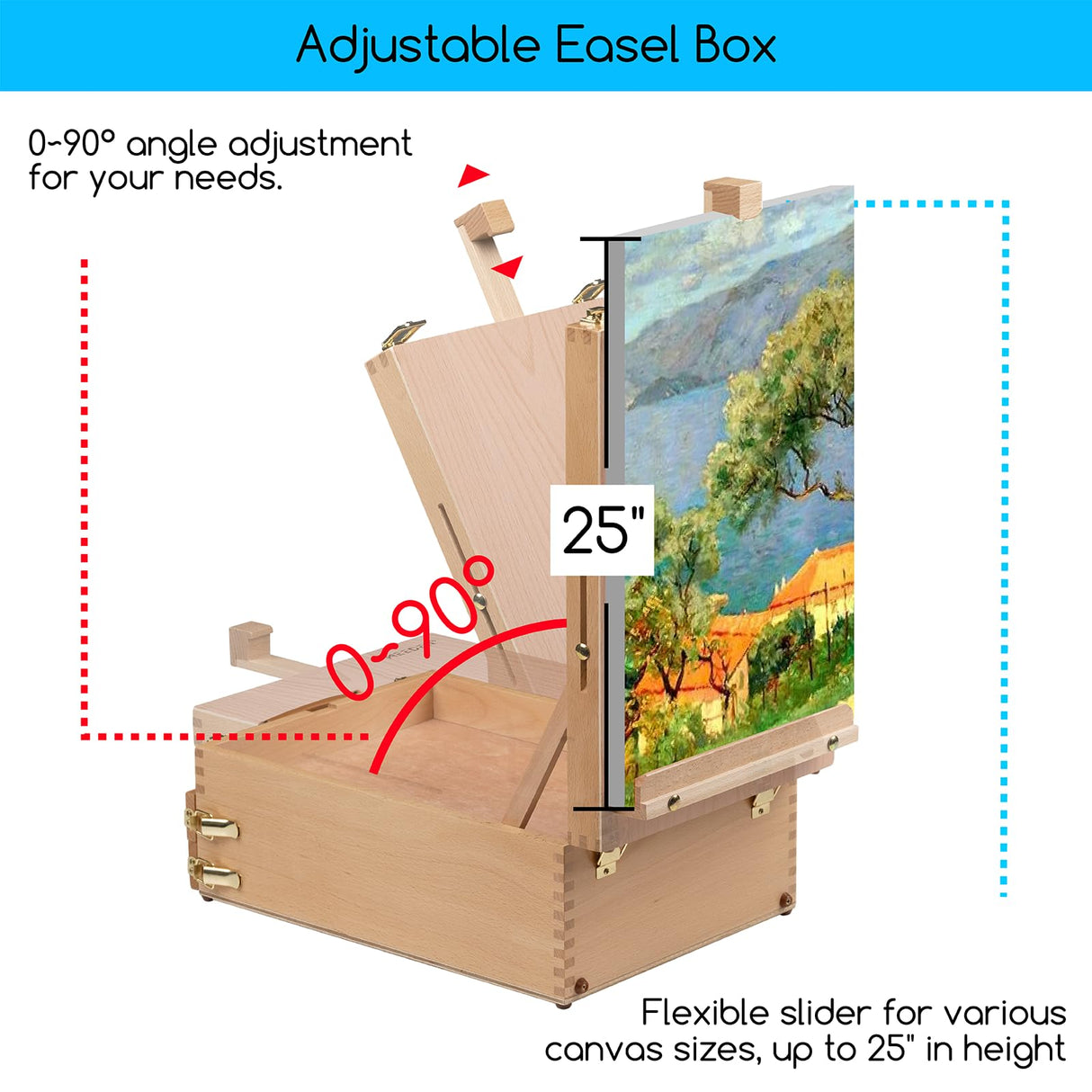 MEEDEN Large Tabletop Easel Sketchbox, Adjustable Solid Beech Wood Desktop Easel Box, Travel Easel for Artists, Table Top easels for Painting, Wooden Art Storage Box for Artist, Adults & Beginners MEEDEN
