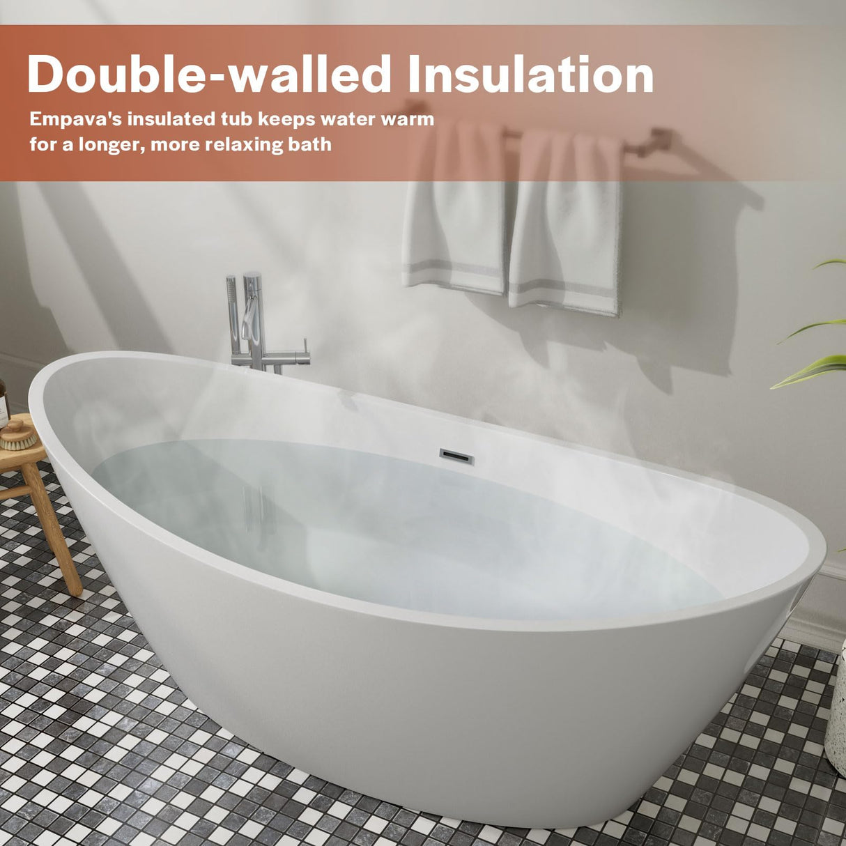 Empava Luxury 67 inch Acrylic Freestanding Bathtub Contemporary Soaking Tub with Overflow and Drain White BT518 Empava