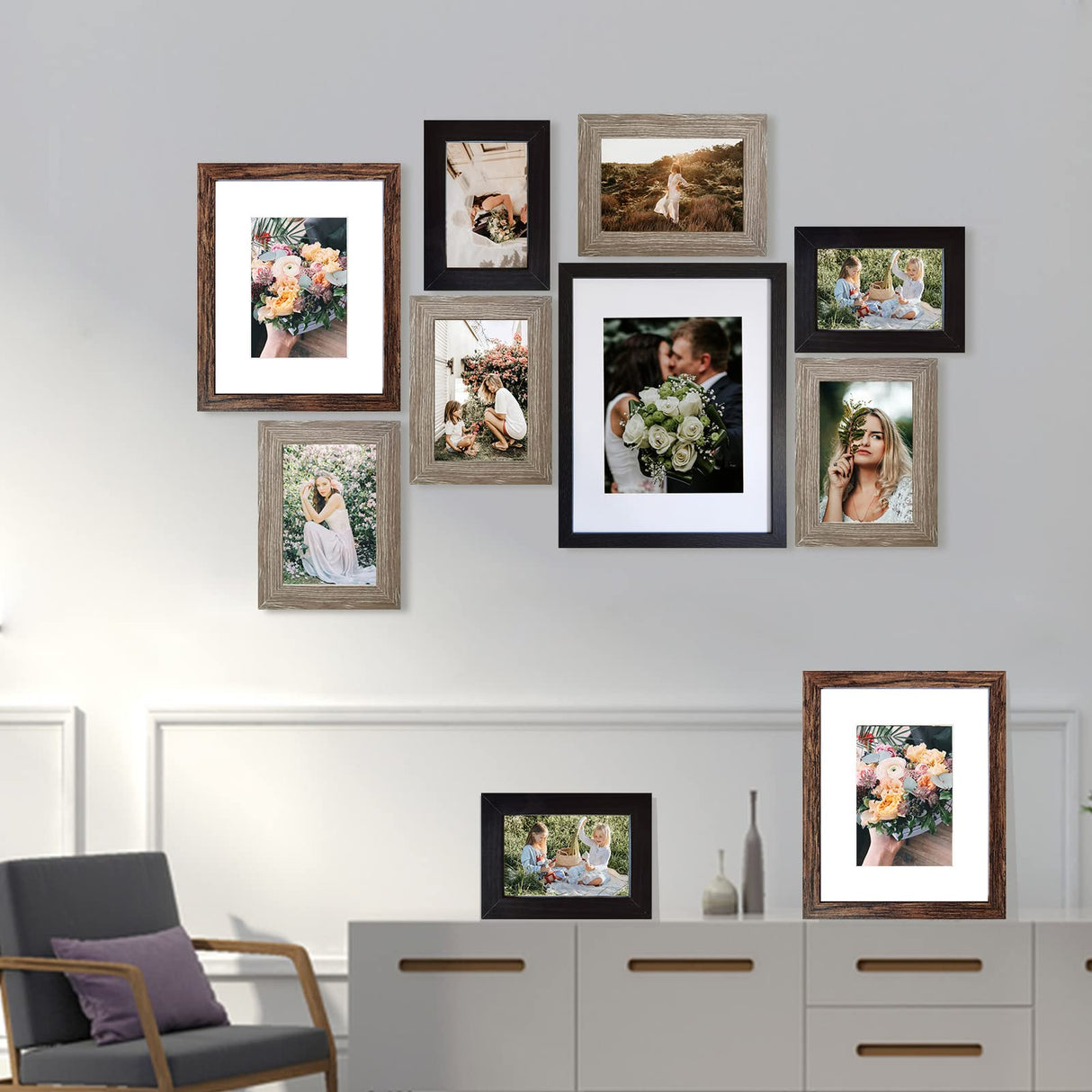 SESEAT Picture Frames Collage, Gallery Wall Frame Set with 11x14 8x10 5x7 4x6 Frames in 3 Different Finishes, Set of 10 SESEAT