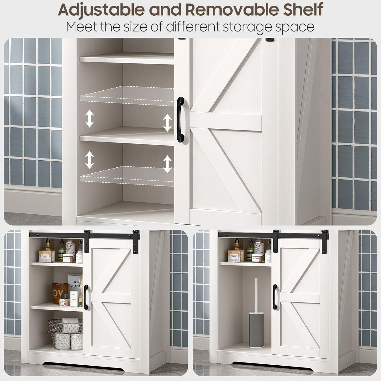 Halitaa Farmhouse Bathroom Floor Cabinet with Sliding Door, Small Storage Cabinet with Adjustable Shelf, Farmhouse Storage Cabinet for Bathroom, Kitchen, Living Room, Rustic Style Cabinet, White Halitaa