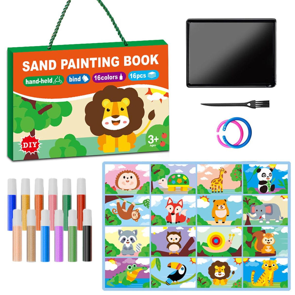 OTAOD 32 Pcs Sand Art Kits for Kids, 16 Color Art Sand kit Scenic Sand with 16 Sheets Animal Sand Art Painting Cards, DIY Crafts Set for Girls and Boys, Arts and Crafts for Kids Ages 6-12 OTAOD