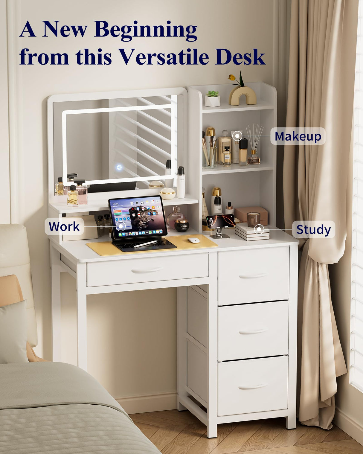 Kitsure Vanity Desk with Mirror and Lights - Large Capacity Makeup Vanity with 4 Fabric Storage Drawers & 3 Lighting Modes, Vanity Table Set with Sturdy Metal Frame for Bedroom, White, 35" x 17" x 52" Kitsure