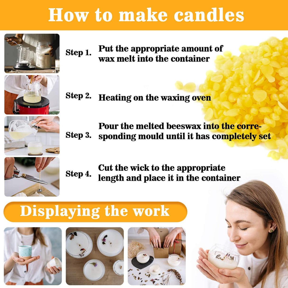 Cargen Yellow Beeswax Pellets- 430g (0.95lb) Bees Wax Pellets Triple-Filtered Organic Beeswax Pellets Cosmetic Grade for DIY Beewax Candles Skin Care Lip Balm Soap Lotion CARGEN