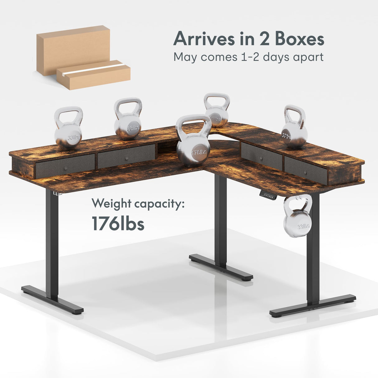 FLEXISPOT 63'' L Shaped Standing Desk Electric Corner Table with Shelf, 4 Storage Drawers, Adjustable Computer Workstation for Home, Office, Game, Studio, USB Charger, Rustic Brown Top + Black Frame FLEXISPOT