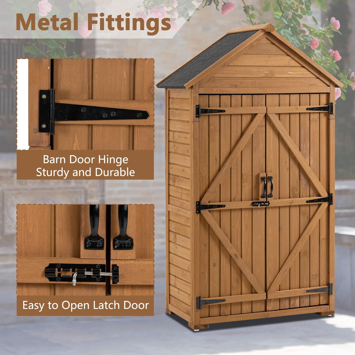 Outdoor Wooden Storage Cabinet, Garden Wood Tool Shed, Outside Wooden Shed Closet with 3 Detachable Shelves, Waterproof Roof, and Latch for Yard Patio Lawn Deck (Natural) (Natural) Mulinsonfly
