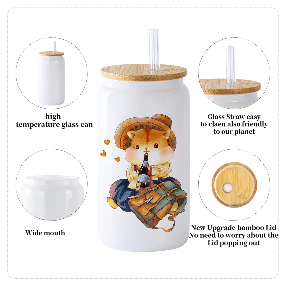 YOUKE OLA 8 Pack Sublimation Blank White Glass Cans Sublimation Beer Glass Cups with Bamboo Lids Borosilicate Glasses Tumbler Mason Jar Cups Mug with Glass Straw for Beer, Juice, Drinks 16oz White YOUKE OLA