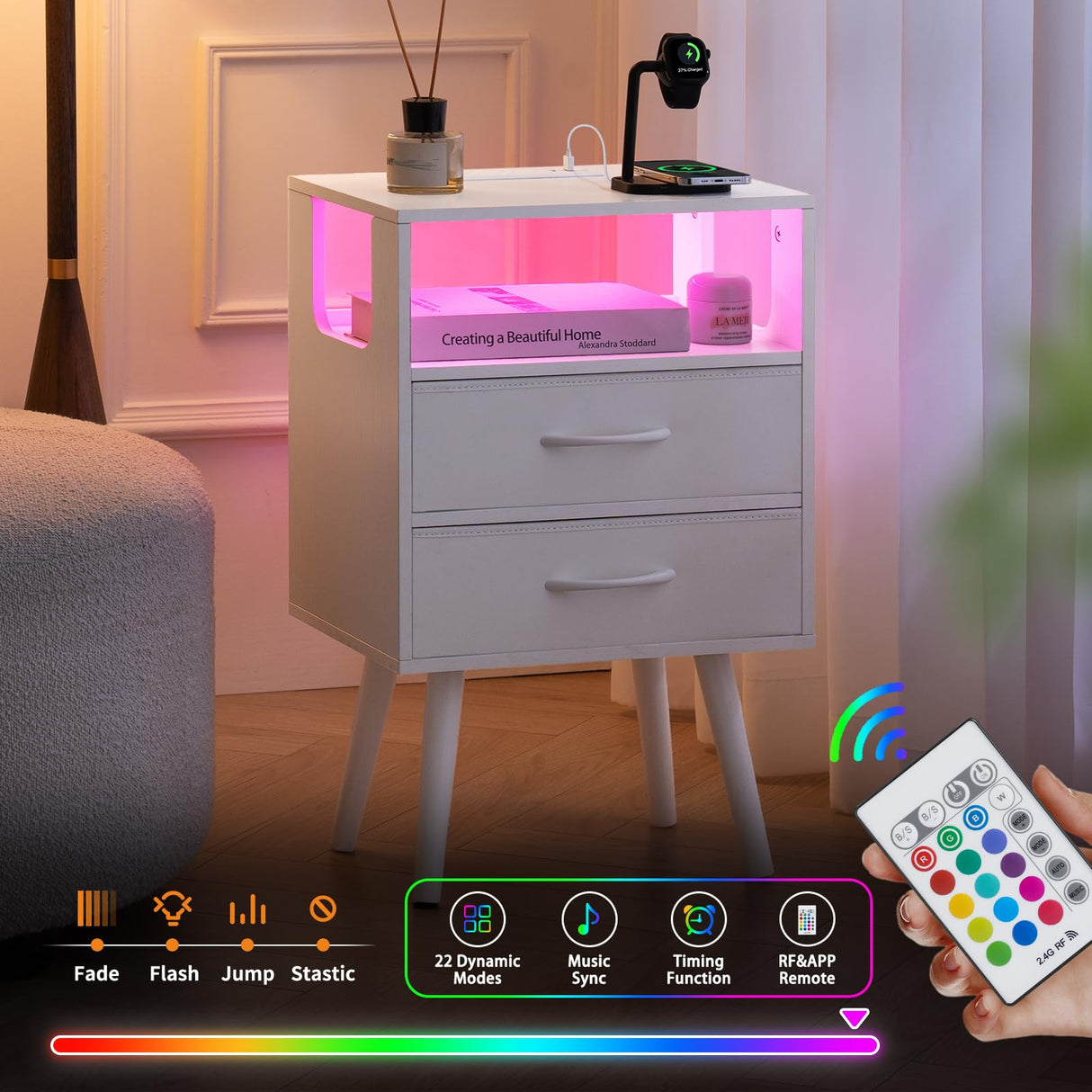 Yoobure LED Night Stand with Charger Station, Mid Century Modern Nightstand with Fabric Drawers, Bedside Table Nightstands with Storage Shelf, Bed Side Table Small Night Stands for Bedroom Living Room Yoobure