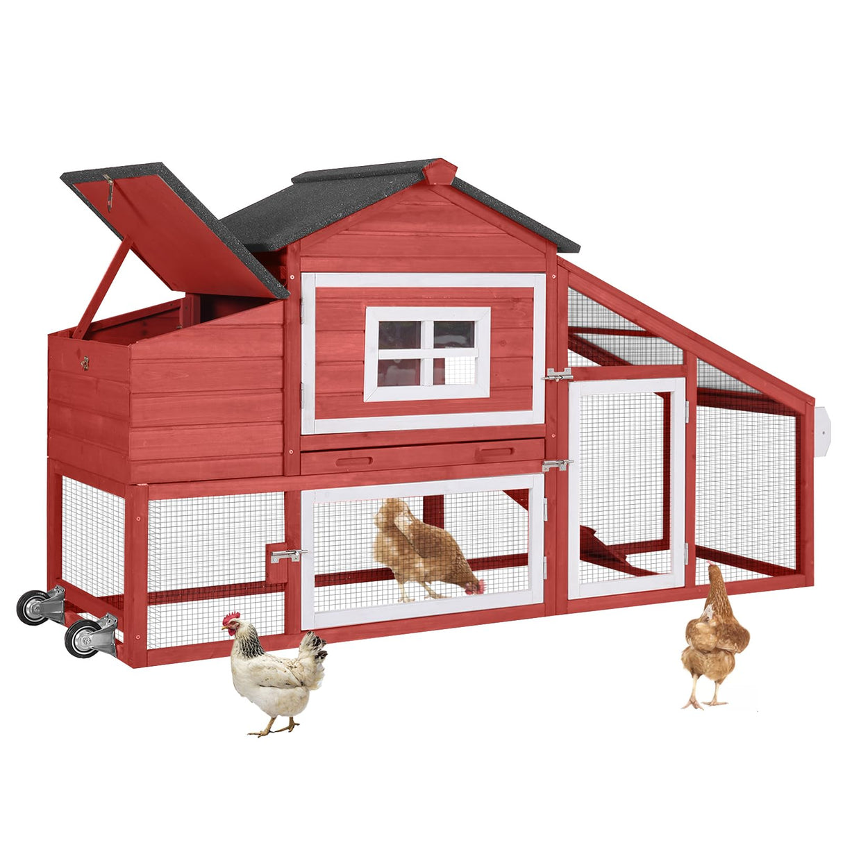 Aivituvin Chicken Coop Outdoor with Wheels, Mobile Hen House Wooden Poultry Cage with Run & Waterproof Roof (Red with White) Aivituvin