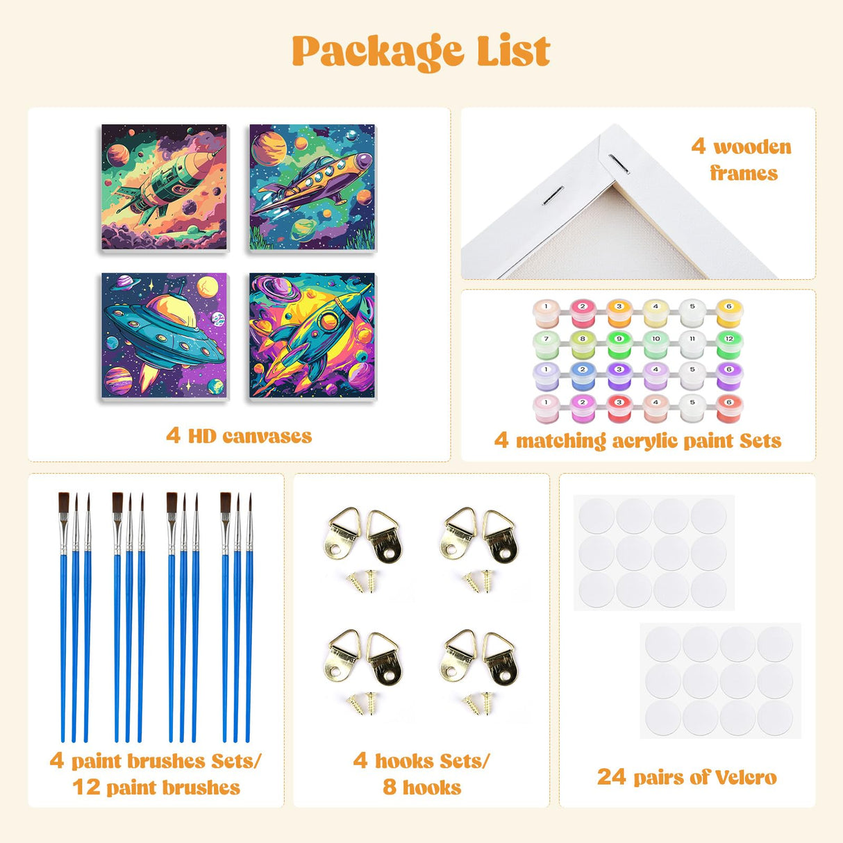 MXJSUA 4 Pack Cartoon Rocket Ship Paint by Numbers Kit with Framed Canvas for Ages 6-12 Kids, Paint by Numbers Kits for Children Beginners, Acrylic Oil Painting for Home Wall Decor Gift (8x8 inch) MXJSUA