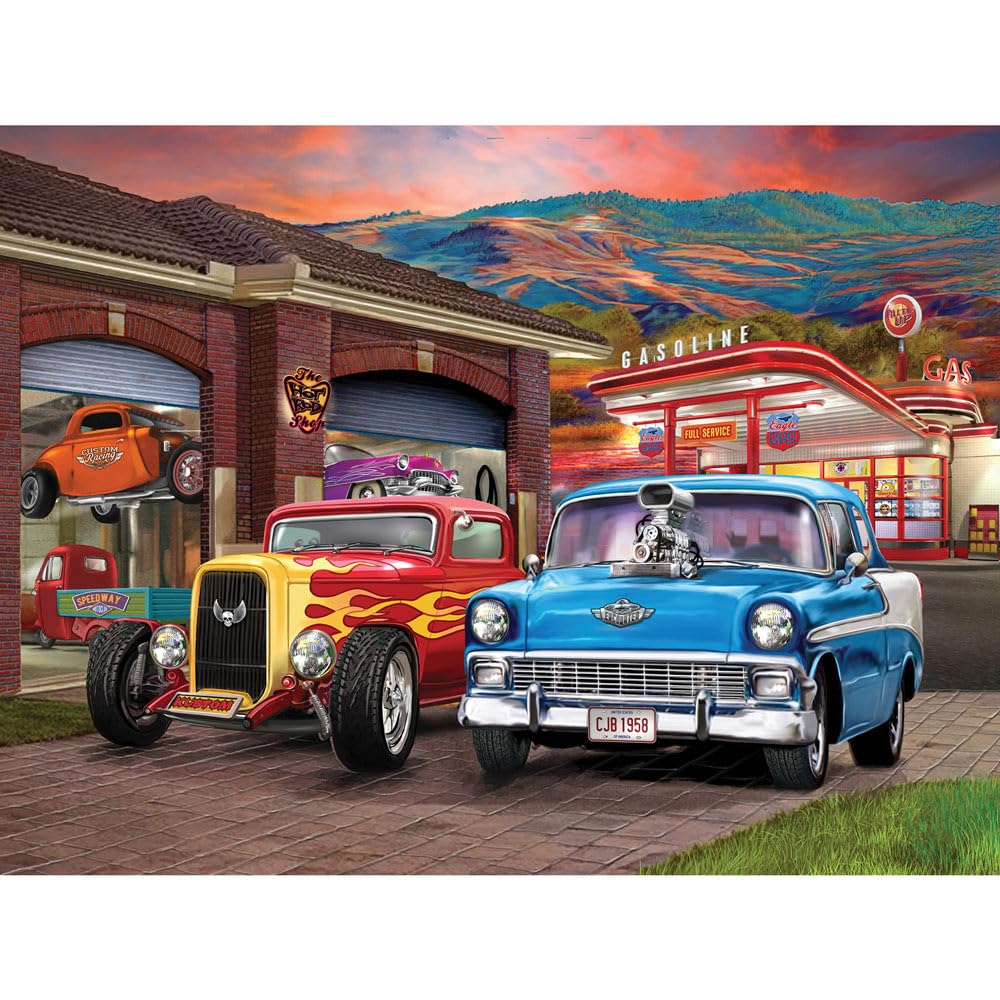 Bits and Pieces - 500 Piece Jigsaw Puzzle for Adults - 18" x 24" - Hot Rod Sunset - 500 pc Colorful Classic Cars Jigsaw by Bigelow Illustrations Bits and Pieces
