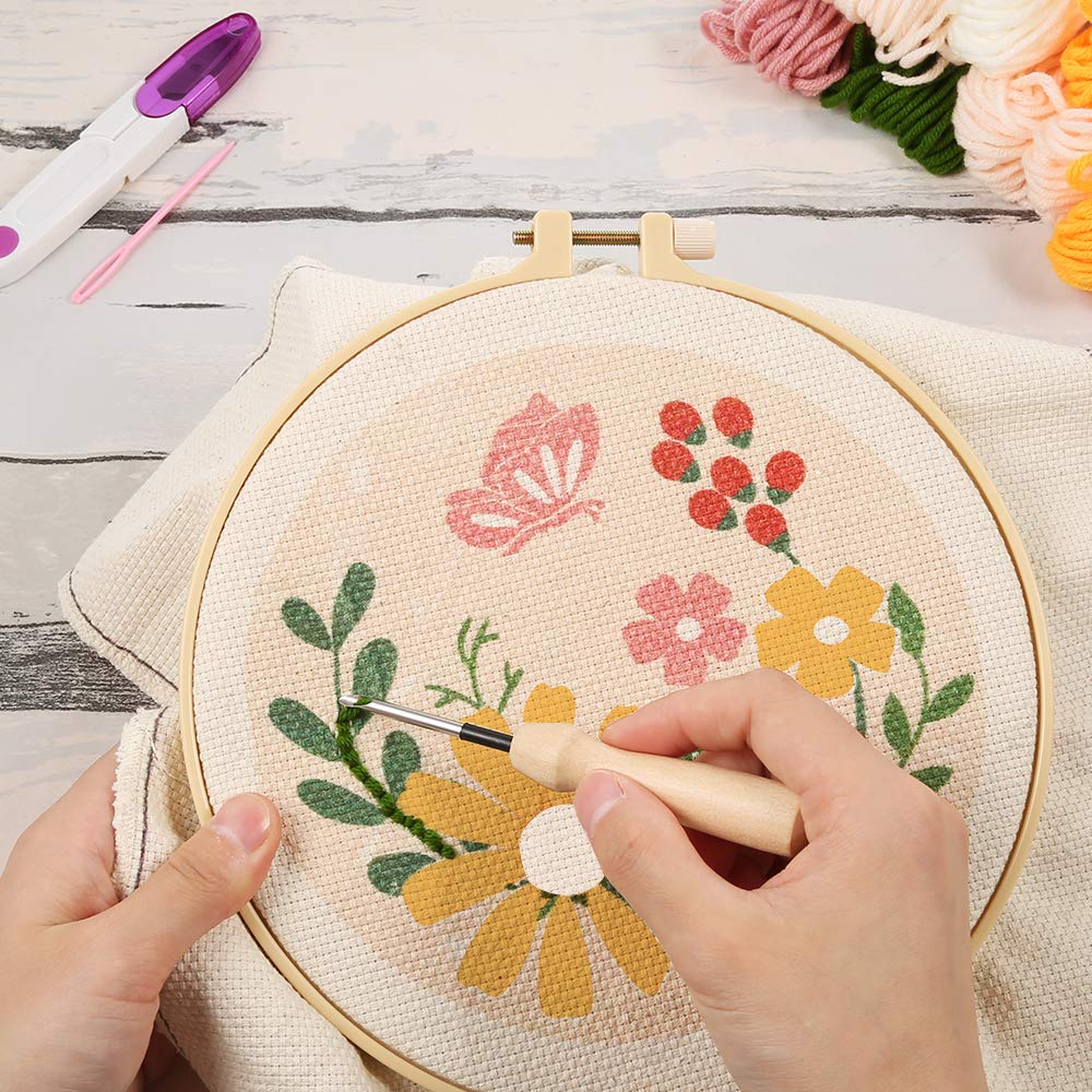 Pllieay Punch Needle Embroidery Starter Kits for Kids and Adults Beginners, Include Instructions, Punch Needle Fabric with Floral Pattern, Yarns, Embroidery Hoops and Threader Tools Pllieay