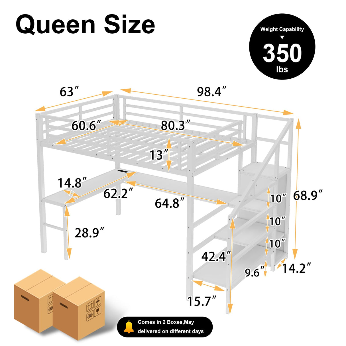 GM Ultra Queen Size Loft Bed with Desk & Storage Stairs, Metal Loft Bed with Wardrobe, LED Light & Charging Station, Versatile High Loft Bedframe for Kids Teens Adults, No Box Spring Needed, White GM Ultra