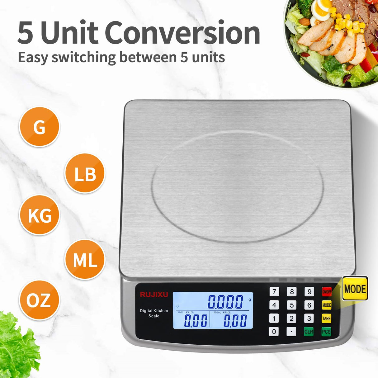Food Scale 88lb/40kg Large Digital Kitchen Scale 0.05oz/1g with Price Computing Commercial Scale 304 Stainless Steel gram Scale for Baking Cooking Meat Restaurant ,USB or AA Battery(Included) RUJIXU