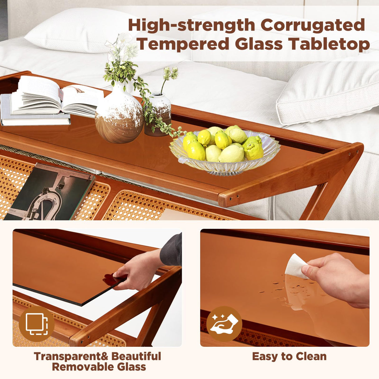 Danrelax 47" Mid-Century Modern Coffee Table with Glass Top, Bamboo Accent Bedside Tables, Glass Nightstand Side Table and Boho Wooden End Table with Storage for Living Room Table Brown Danrelax