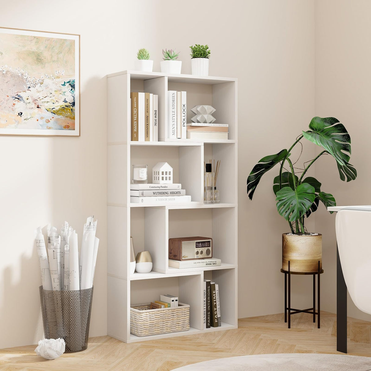 IFANNY Bookshelf, 48’’ Tall Bookcase with 8 Cubes, Small Bookshelf with Storage, Geometric Display Shelf, Wooden Bookshelves & Bookcases, Book Shelves for Bedroom, Living Room, Study (White) IFANNY