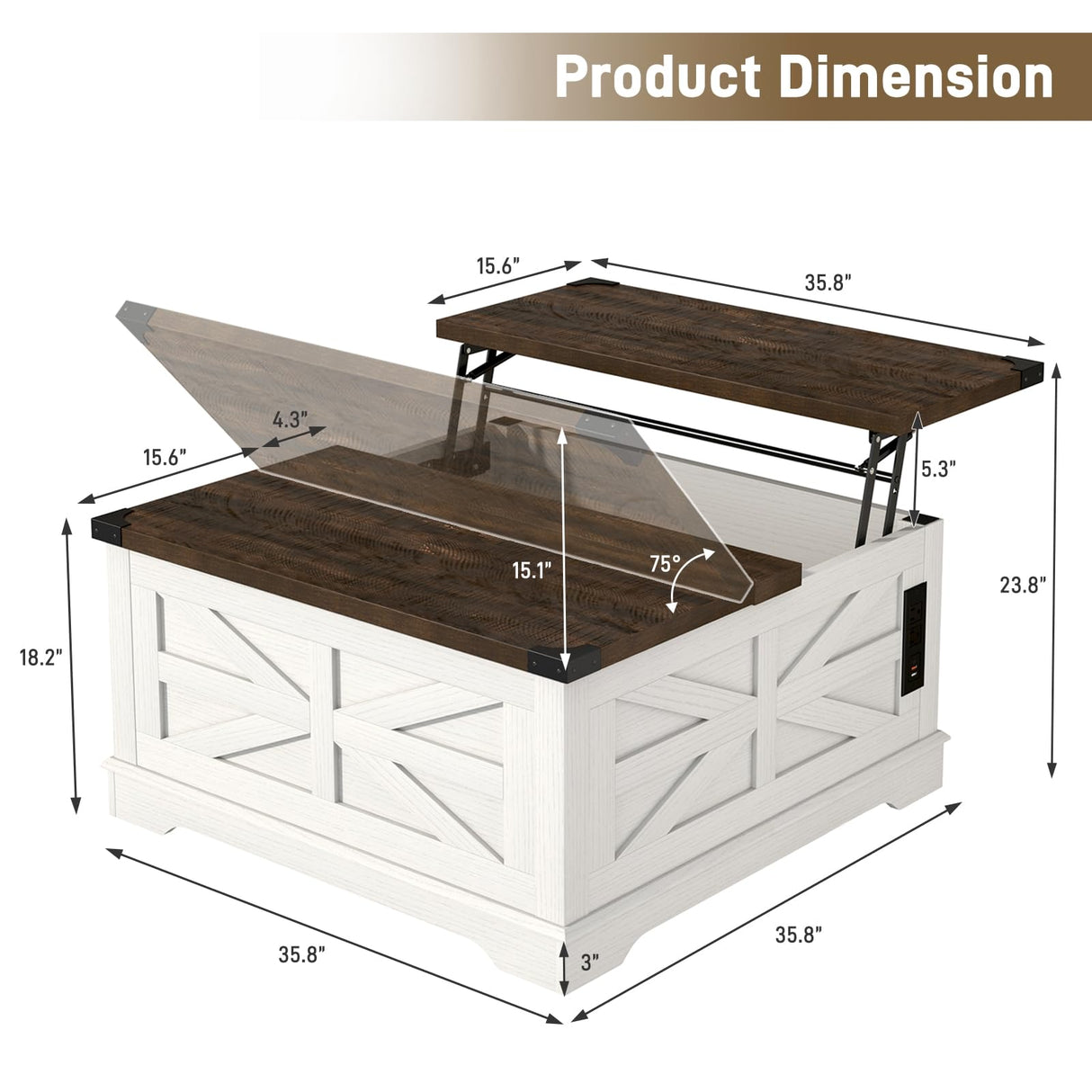 Hlivelood 36" Farmhouse Movable Lift Top Coffee Table with Storage and Power Outlets, Square Wood Living Room Tables with Wheels&Large Hidden Space, Lift Wooden Barn Door Center Table, White Hlivelood