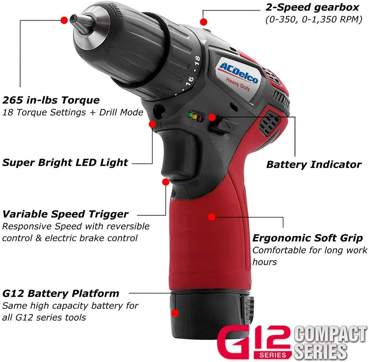 ACDelco ARI12105-K5 G12 Series 12V Cordless Li-ion 3/8” 2-Speed Drill Driver & ¼” Impact Driver Combo Tool Kit with 2 Batteries ACDelco