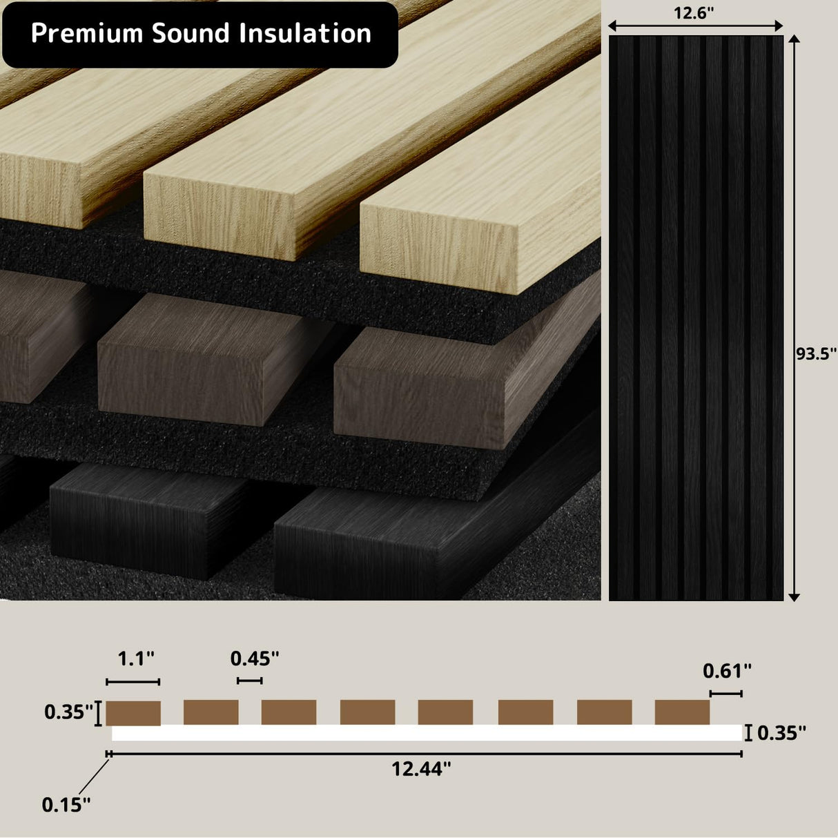 Sunny Heart Wood Slat Wall Panels, Wood Panels for Wall, 2 Pack 93.5" x 12.6" Soundproof Solid Wooden Wall Panels, 3D Acoustic Fluted Wood Wall Panels for Ceiling Wall Decor, Black Sunny Heart