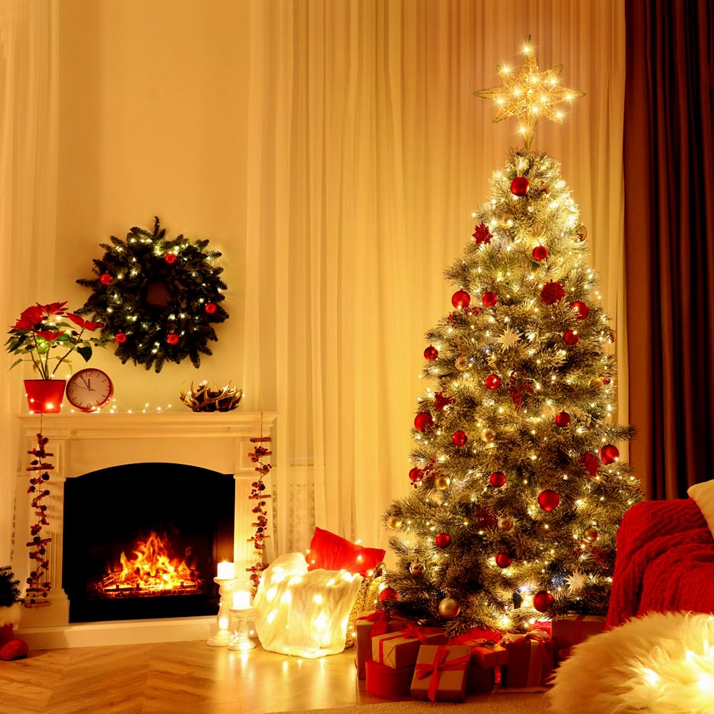 DULEFUN Christmas Tree Topper Lighted 13.5” Gold Star Tree Toppers with 20 LED Lights Christmas Tree Top Ornament for New Year Holiday Home Office Indoor Decorations DULEFUN