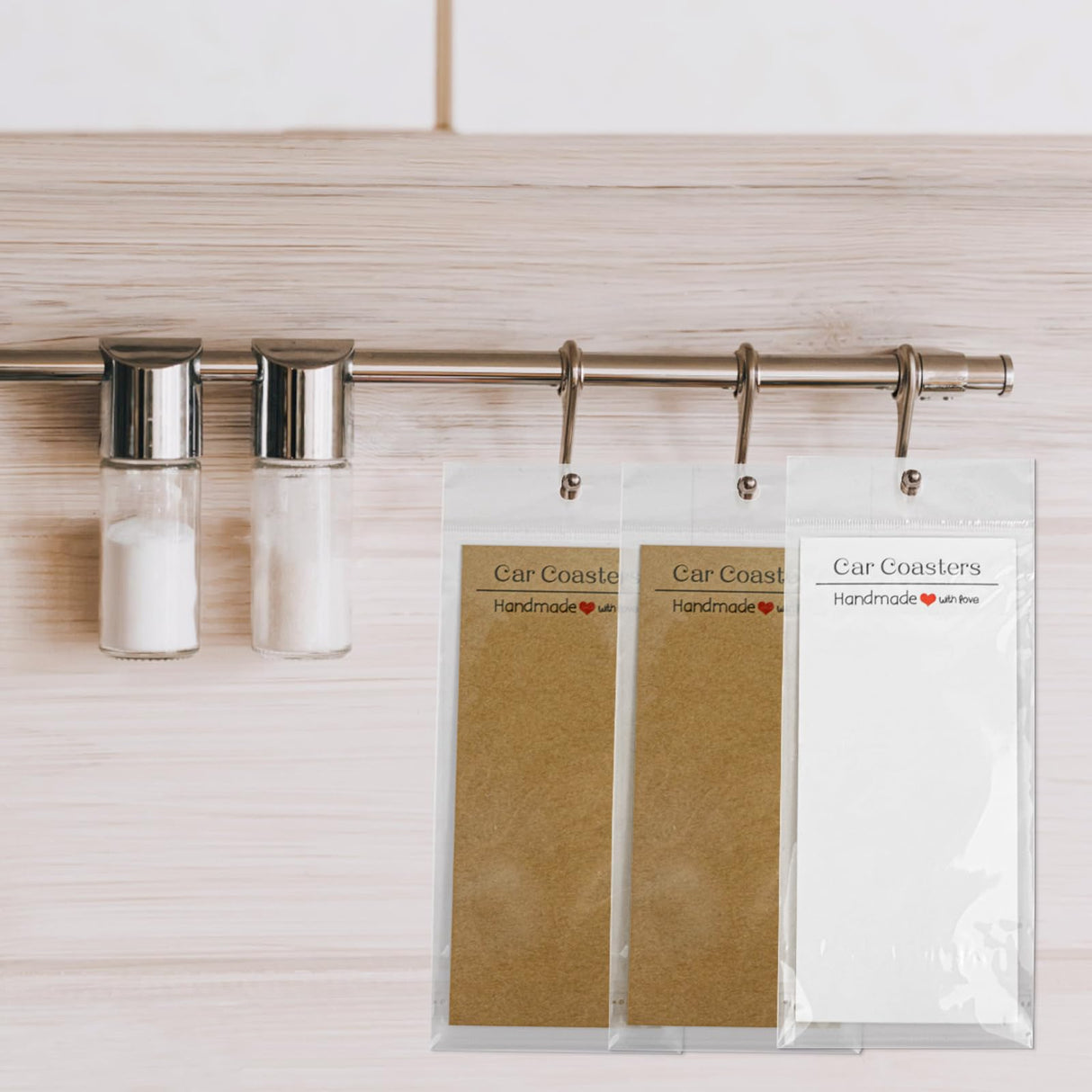 GTILE 100 Pcs Car Coaster Packaging Kit for Selling, Include 50 Sublimation Car Coasters Brown Paper and 50 White Paper Card with 100 Self-Seal Bags GTILE