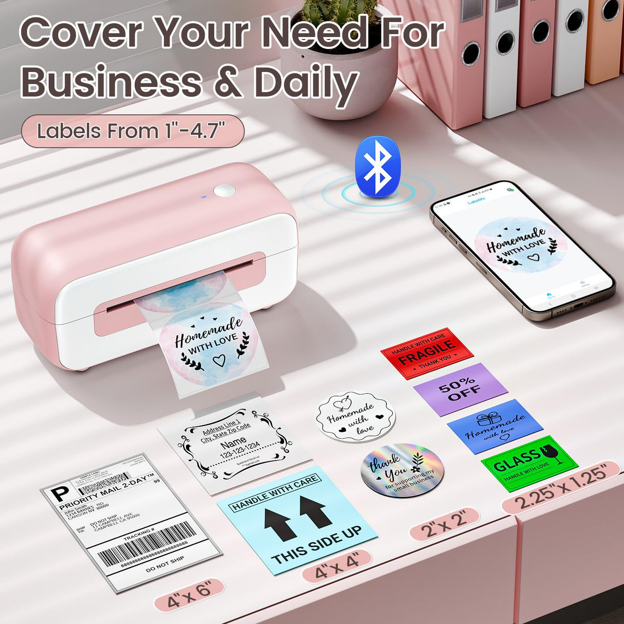 Phomemo Bluetooth Thermal Shipping Label Printer, 2025 Upgrade 4x6 Desktop Thermal Label Printer for Shipping Packages/Small Business/Office/Home, for Amazon, Ebay, Shopify, Etsy, UPS, FedEx - Pink Phomemo