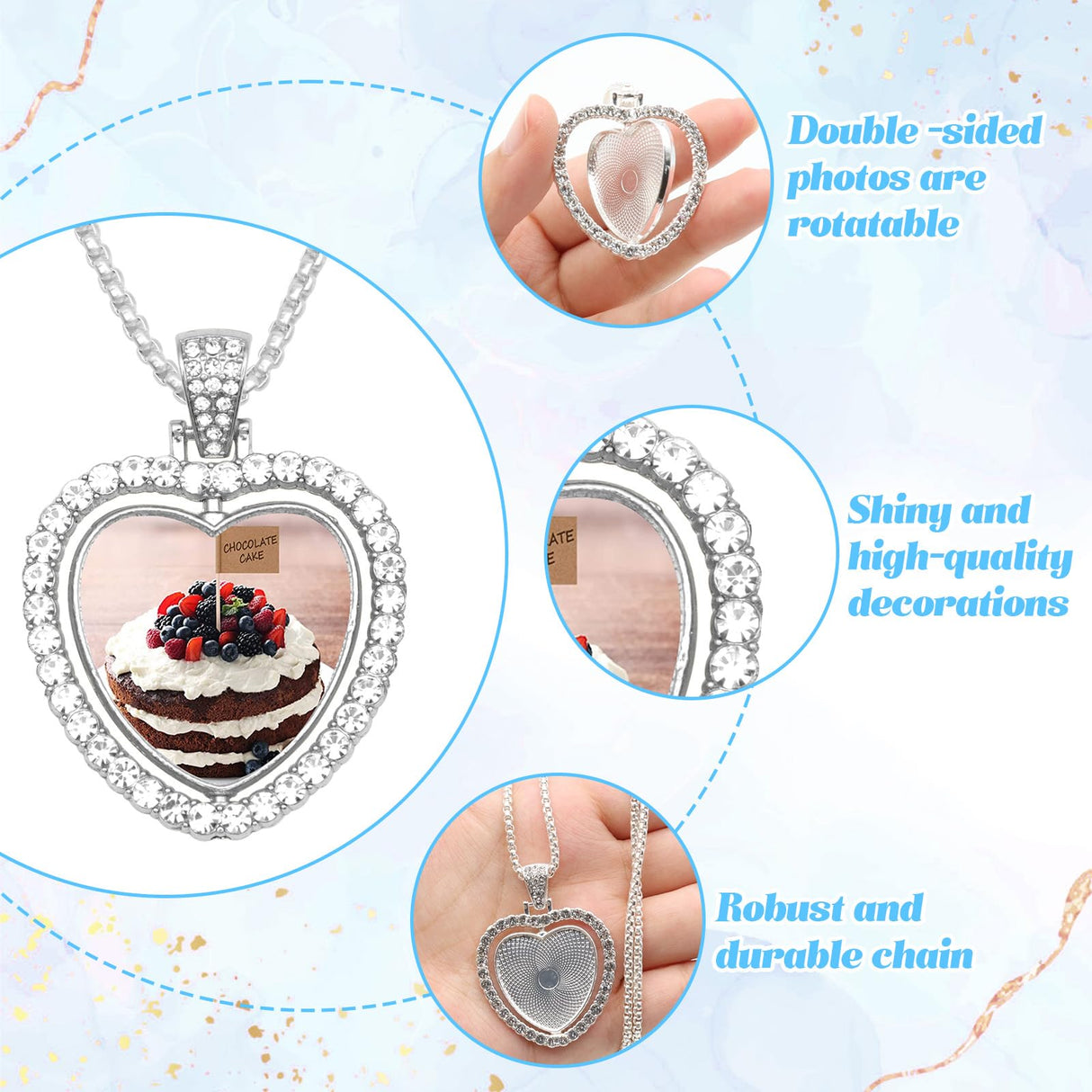 ZYNERY 48 Pcs Sublimation Rhinestone Trays Pendant Set, Sublimation Necklace Blank with Chain, Includes 8 Double Sided Blank Rhinestone Bezel Trays, 8 Chains, 16 Sublimation Discs, 16 Tapes (Heart) ZYNERY