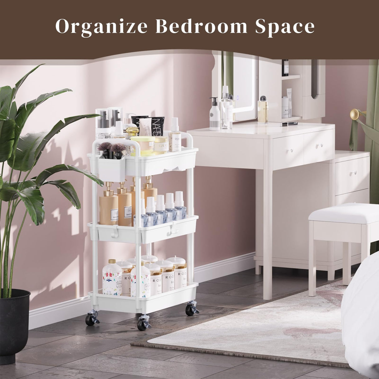 EaseSky Rolling Utility Cart with Drawer 3 Tier, Utility Storage Organizer with Plastic Shelf & Lockable Wheels Multifunctional Storage Cart for Kitchen, Bathroom, Office, Living Room, White EaseSky