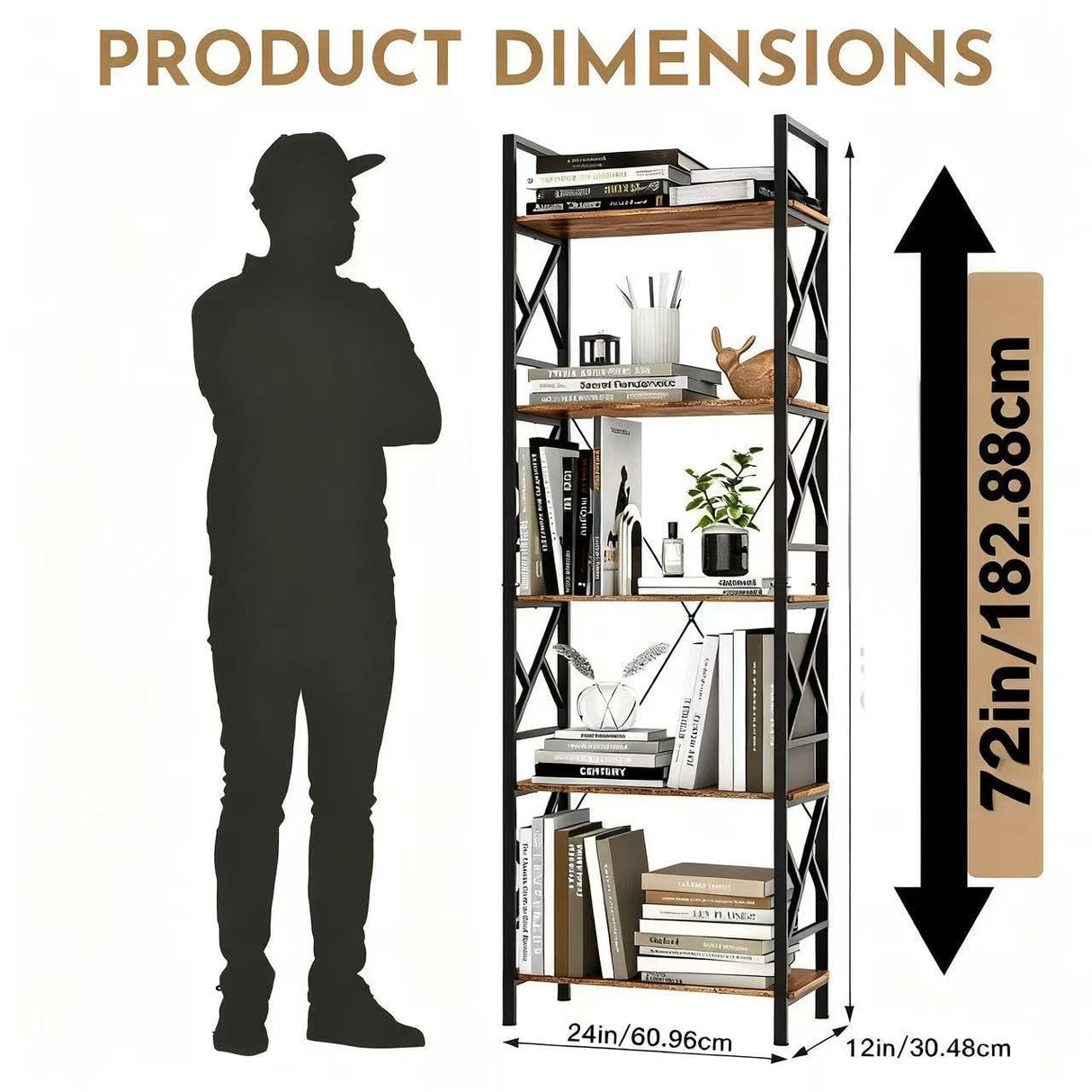72"H 5-Tier Bookshelf: MDF Wood & Steel Shelves with 500lbs,Tall Narrow Adjustable-Shelf Bookcase.Bookshelves Storage Organizer, Industrial Display Standing Shelf Unit for Living Room/bedroom/Office FREGREE