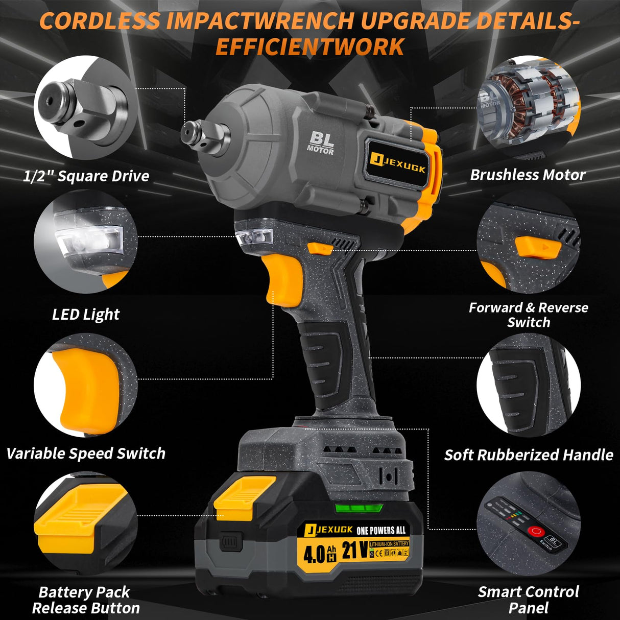 JEXUGK 1500Nm Impact Wrench, 1/2" 1107ft-lbs Cordless Impact Gun with 2 x 4.0Ah Battery, 21V High Torque Power Impact Driver with 6 Sockets,Pistola Llave De Impacto for Truck RV Car Heavy Construction JEXUGK