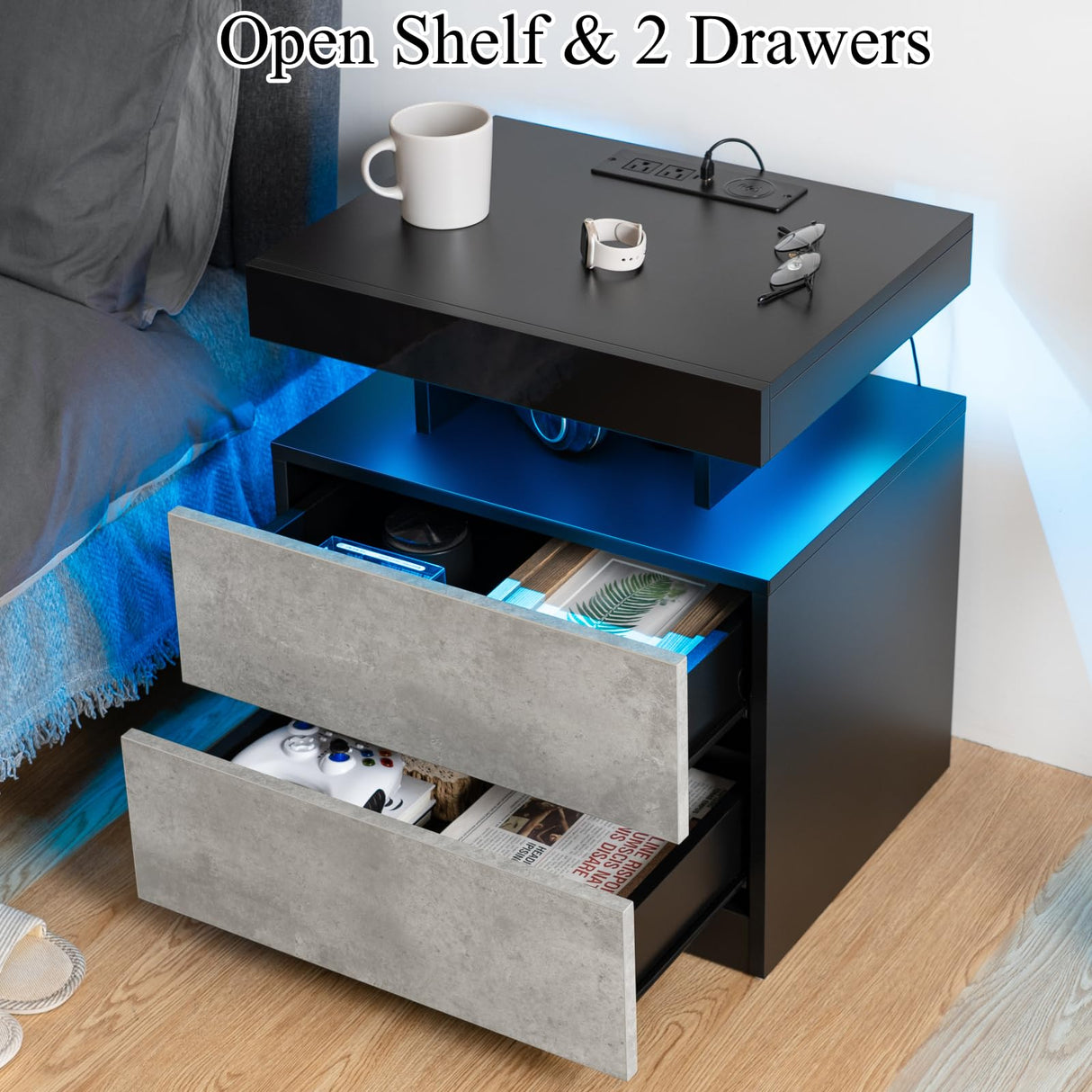HOMMPA LED Nightstand with Wireless Charging Station & USB Ports High Gloss Bedside Table with LED Light RGB Adjustable Brightness Smart Nightstand 2 Drawers Night Stand for Bedroom Grey HOMMPA