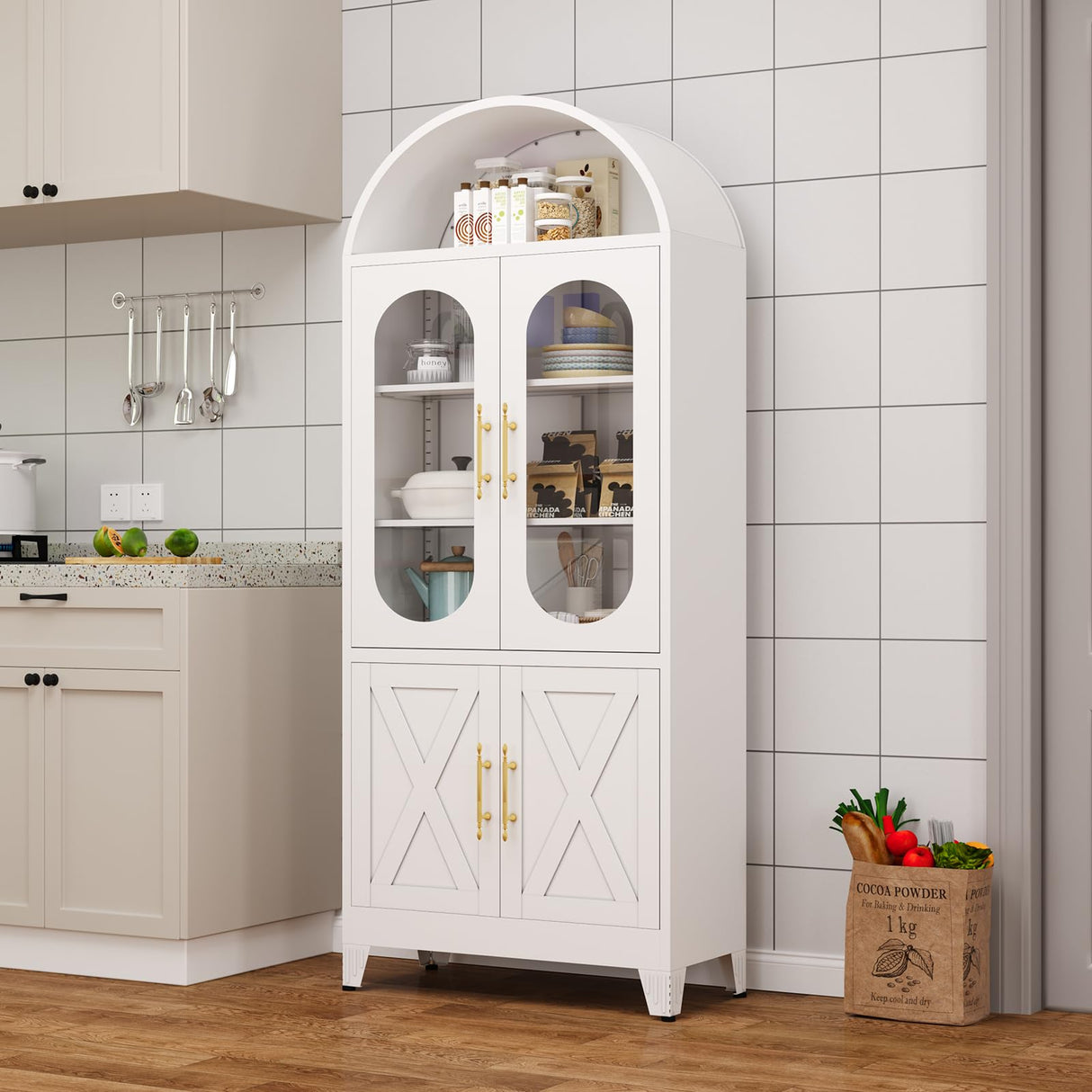 73" Metal Tall Arched Kitchen Pantry Cabinet,Arched Cabinet,Arched Bookshelf China/Curio Cabinet Farmhouse Kitchen Storage Cabinets with 4 Doors&3 Adjustable Shelves,Glass Door for Kitchen,Dining Room AUEYTVR