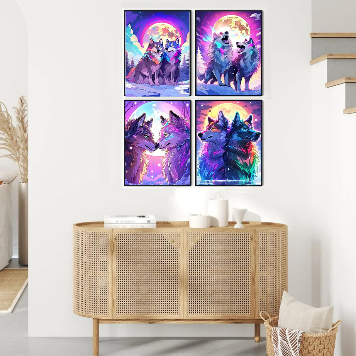 ZXQL 4 Pack Wolf Paint by Numbers Kit for Adults Beginners, 12" Wx16 L Paint by Numbers for Adults Rolled up Canvas for Painting Home Decor Creative Wall Art with Nice Gift Box ZXQL