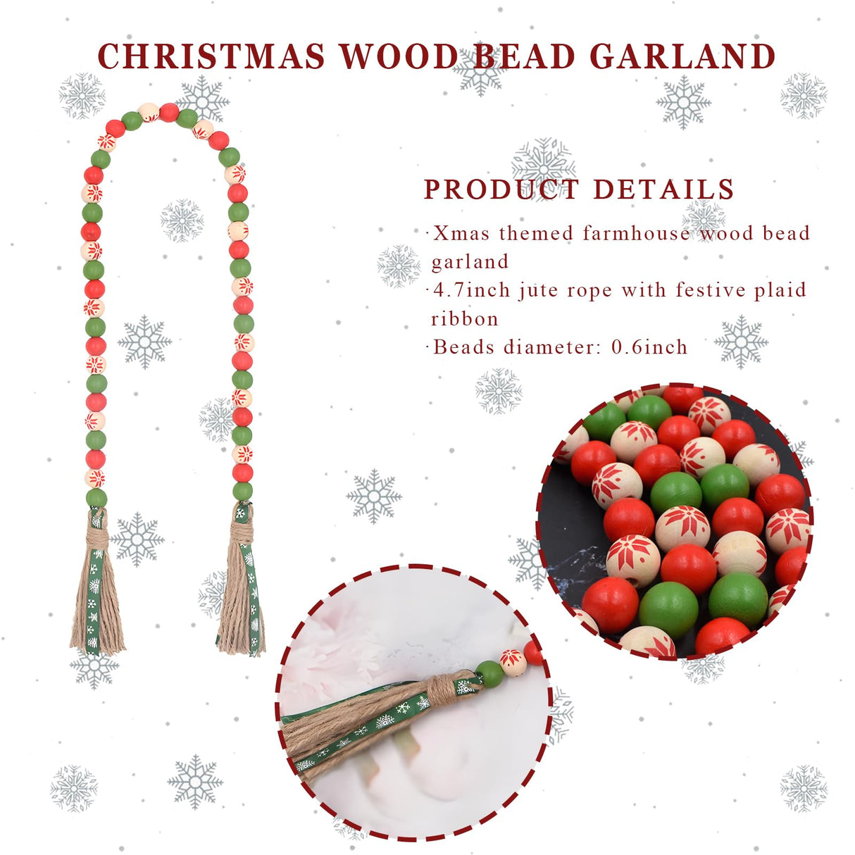 Christmas Wood Bead Garland - Green Red Rustic Wooden Beads with Jute Rope Plaid Tassel Bead Garland for New Year Winter Xmas Tiered Tray Décor Farmhouse Home Kitchen Wall Hanging Decoration Sfoni