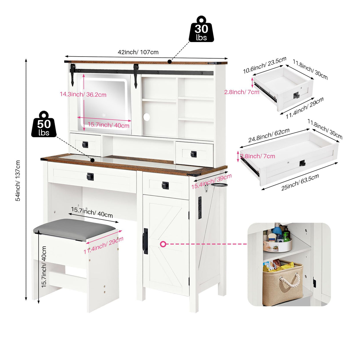 Redlife Farmhouse Vanity Desk with Mirror and Lights, 46" Vanity Set with Stool & Charging Station & Jewelry Cabinet - Makeup Vanity Desk with Glass Tabletop, 4 Drawers, Antique White Redlifeᅟᅠ