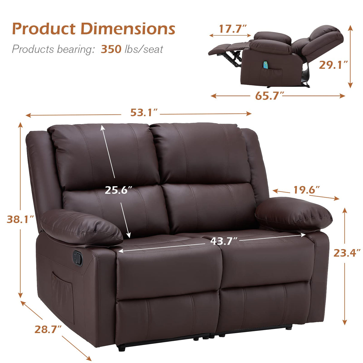 YODOLLA Loveseat Recliner with Heat&Massage Function, RV Couch Wall-Hugger Reclining Sofa Modern Manual Faux Leather Control, Home Theater Seating, Brown YODOLLA